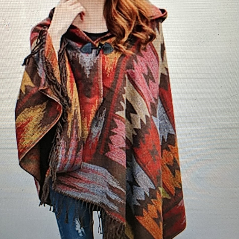Boho Aztec print blanket poncho with hood for fall